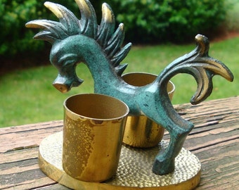 Vintage Brass Horse Toothpick Holder: Green Enamel Mohawk, Made in