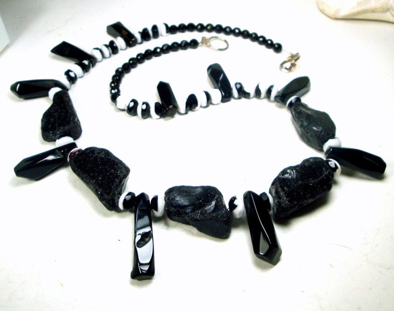 Black Volcanic OBSIDIAN Glass Spike Necklace W Antique White - Etsy
