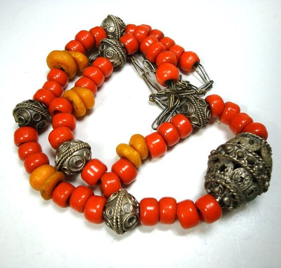 Tribal Orange & Yellow Glass Bead Necklace w Silv… - image 5