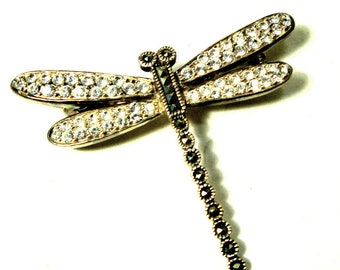 Sterling & Rhinestone Crystals DragonFly Pin, Damselfly Lead GLASS Rhinestones on 925 Silver Brooch,  Bug, Critter, Flying Insect, Winged