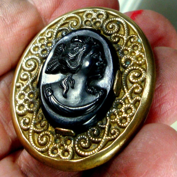 Victorian Antique Mourning Cameo Pin, Black Carved Gutta Percha or Bakelite or Glass, Not sure, in Filigree Brass Brooch, c 1900s