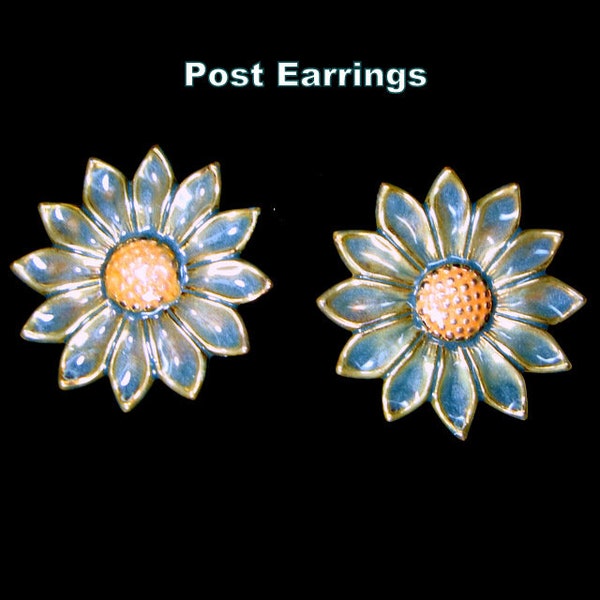 SALE, Big Flower Power Earrings, Enamel Daisy or Mum Flowered Posts on GoldTone Metal, 1970s, Blue, Gray, Green, Honeycomb Yellow, Sunflower