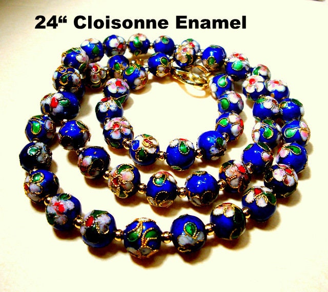 置物 Asian. And. Jewelly Chinese Cloisonne Bead Necklace, Cobalt Blue Asian Flowered