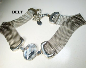 Vintage Silver Metal Mesh BELT. with Oval Rhinestone Focal Center,  VLV Rockabilly  Classic
