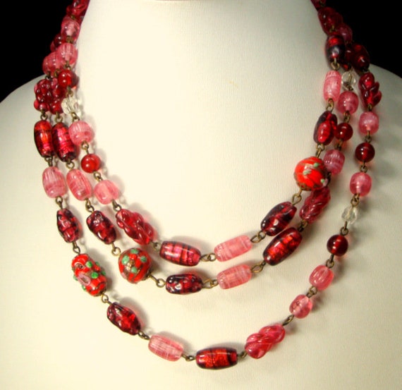 LONG Red & Pink ART Glass Bead Linked 54" Necklac… - image 1