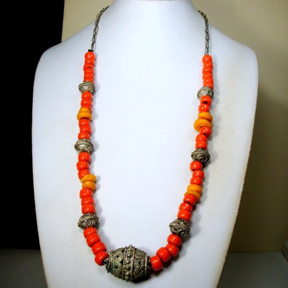 Tribal Orange & Yellow Glass Bead Necklace w Silv… - image 9