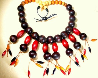 Mans Tribal Style Beaded Fringe BIB,  Bron, Tan, Dragons Blood Red Wood Bead Dangles on Tie Back Wood Bead Necklace, OOAK Rachelle Starr