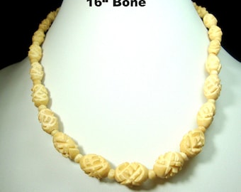 Graduated Carved OxBone CHOKER Necklace, Geometric Hand Carved Oval Beads, Buttery Color, Traditional Design, 1960s, Oxbone Screw Catch
