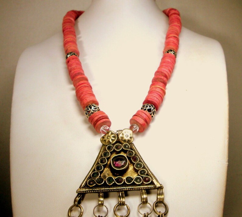 60s Kuchi Koochi Tribal Amulet OOAK Necklace by Rachelle Starr VERY Long Metal Fringes w Peach Ceramic Disc Beads /& Silver Metal Accents