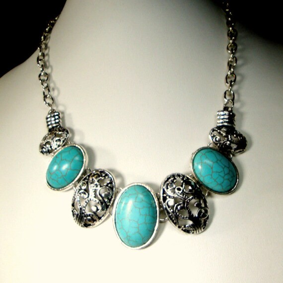 Turquoise & Silver Color Linked  Bib on Chain Nec… - image 8