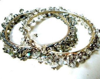 2 Tones of Jingle Jangle Bangles,  Frilly Bracelets, Elegant, Beaded Charm Dangles Of Clear & Aurora Faceted Crystal Beads