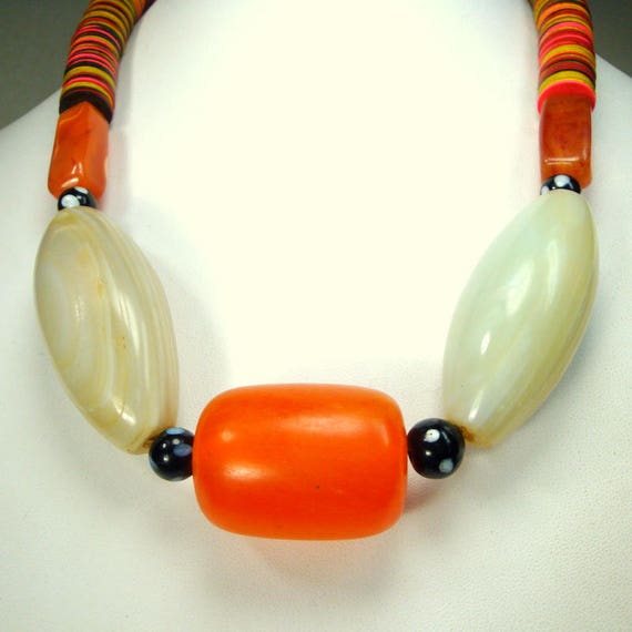 AFRICAN Trade Bead Necklace,  Giant White Agates,… - image 8