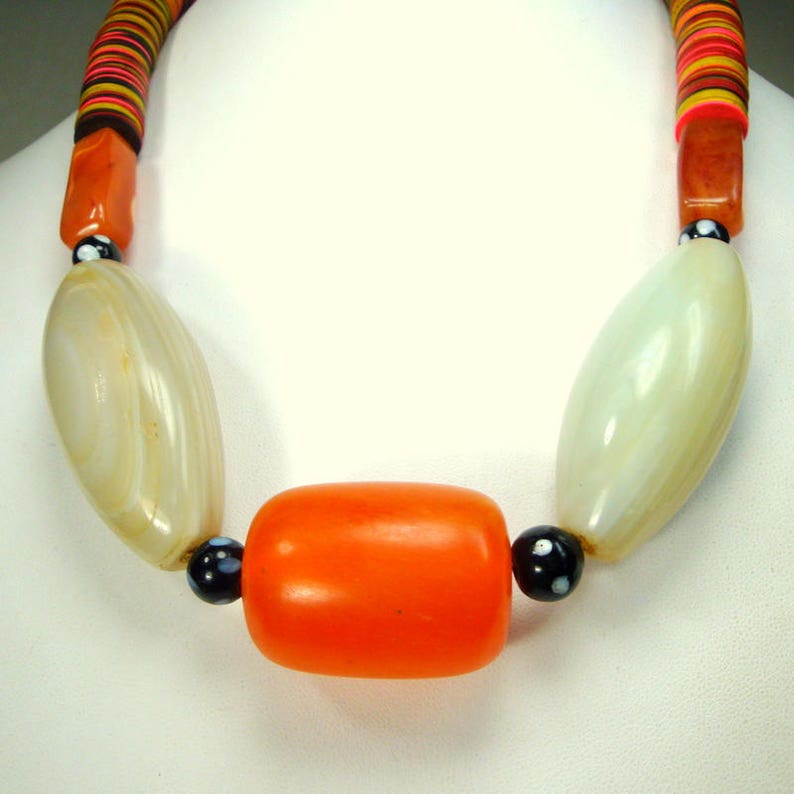 AFRICAN Trade Bead Necklace Giant White Agates Red Resin Etsy