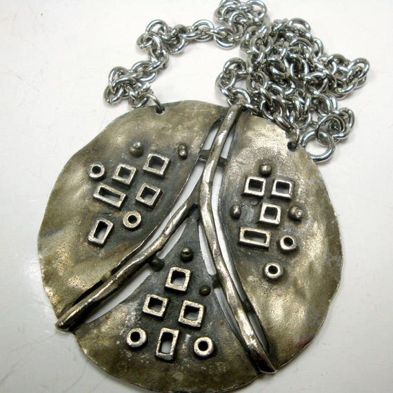 Modernist Silver Amulet on Shinier Silvertone Metal Chain Geometric but Tribal Necklace 1960s Mid Century Art Deco Brutalist Space Race