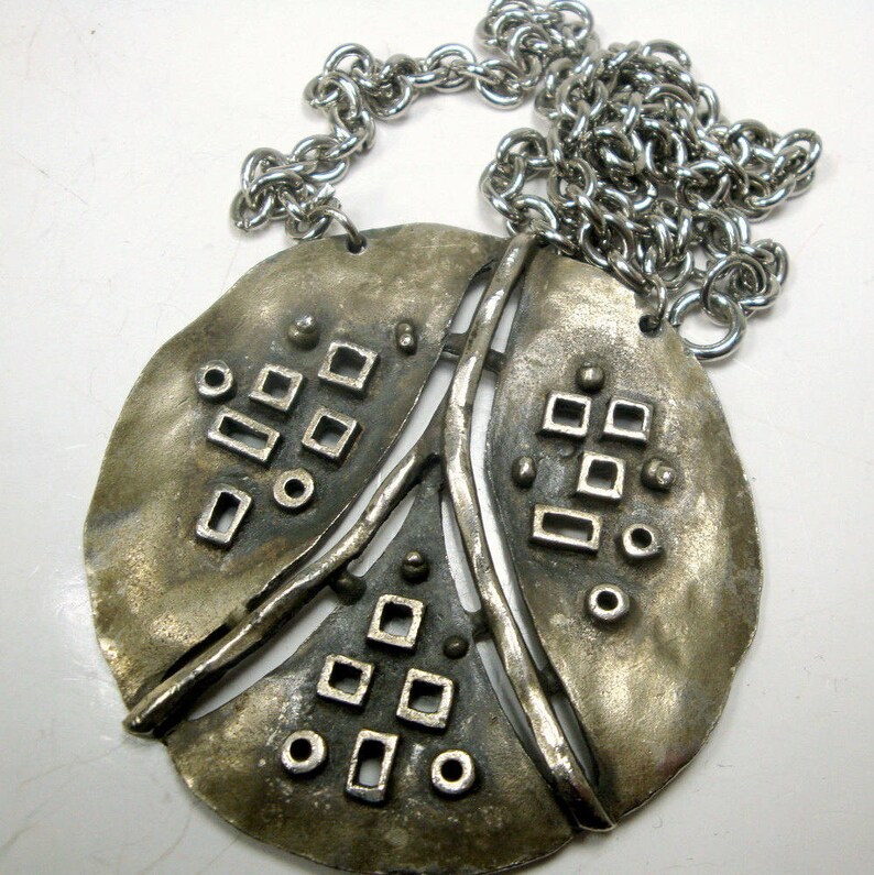 Modernist Silver Amulet on Shinier Silvertone Metal Chain Geometric but Tribal Necklace 1960s Mid Century Art Deco Brutalist Space Race