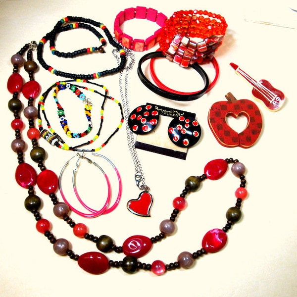Sale Lot of Jewelry, 3 Necklaces, 1 Pendant, 2 Pr Earrings, 5 Bracelets, 2 Pins, Red & Black Retro Destash, Vintage, Wearable, No Returns