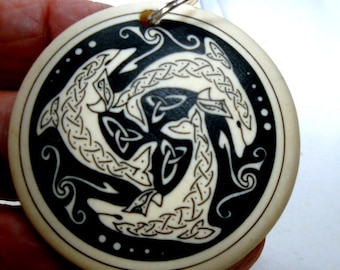 Celtic Dolphin Pendant Only, Porcelain Black n Tan, Art Deco Irish Interlace Mandala, Medieval, Military, Crusaders, Viking Warrior Necklace
