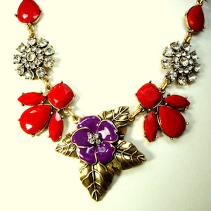 Red Enamel Flower & Rhinestone Fob Linked Chain Necklace, Goldtone Sections, Recycled, Holiday, Costume Colors