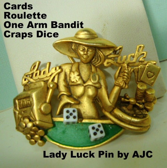 LADY Luck Gambler Pin, Roulette, Shamrock, Craps, One Arm Bandit, Poker,  Goldtone w Glass Dice, AJC Signed Collectible Brooch, 1980s, Vegas