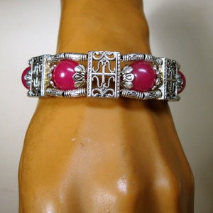 Tibetan Silver & RASPberry Dyed Jade Bead Bracelet, Lobster Catch Closure image 1