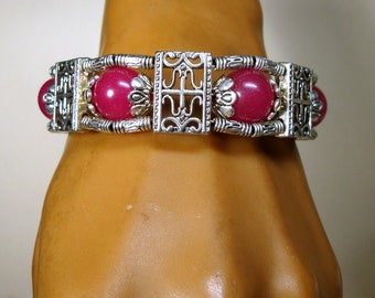 Tibetan Silver & RASPberry Dyed Jade Bead Bracelet, Lobster Catch Closure