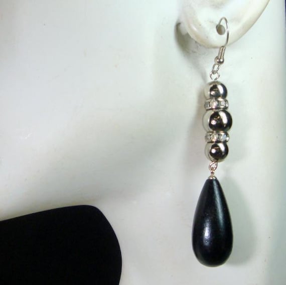 Long Black n Clear Rhinestone Drop Earrings, Brid… - image 8