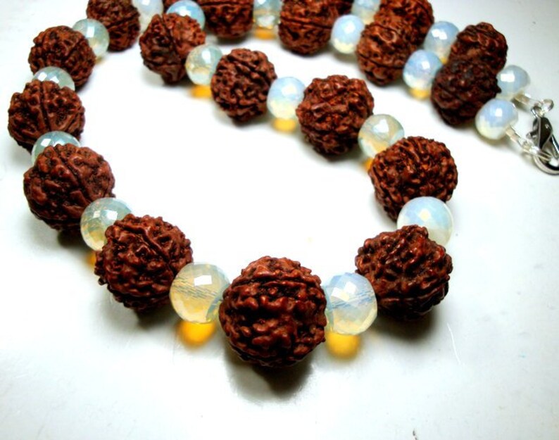 5 Mukhi Rudraksha Sacred Bead Necklace Seeds /& Faceted Opalescent Milk Glass Beads OOAK by Rachelle Starr For The Spiritual Warrior
