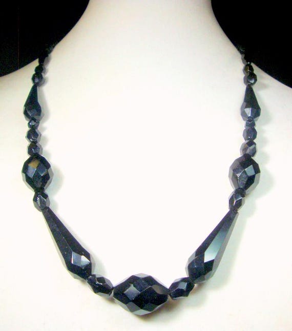 C. 1920s Black Glass 24" Long Necklace, Timeless, Elegant Art Deco Faceted Beads, A Classic BEAUTY, Mourning Beads