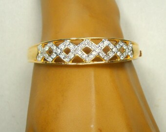 Gold & Rhinestone Hinged Bangle Bracelet, Criss Cross Design Classic, White Sparkling Glass Stones, Unused 1980s