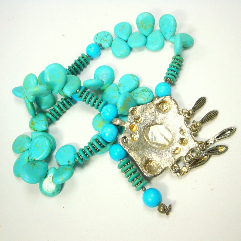 Recycled Ooak Vintage Magnesite Turquoise Stone Bead Necklace w Tribal Silvertone Pendant