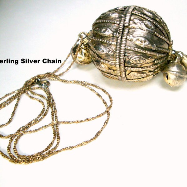 Large Mid East Silver Bead TRIBAL Pendant on Sterling 925 Silver Chain,