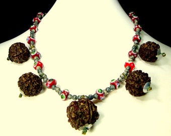 5 Mukhi Rudraksha Sacred Seed Charm Dangles on Glass Eye Bead Necklace, Seeds, Glass, OOAK by Rachelle Starr for  The Spiritual Warrior