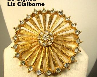 Liz Claiborne Pin, Signed LC, White Rhinestone Circle Brooch, Goldtone Vintage Jewelry,Designer Signed  in Original Box