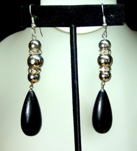 Long Black n Clear Rhinestone Drop Earrings, Brid… - image 1