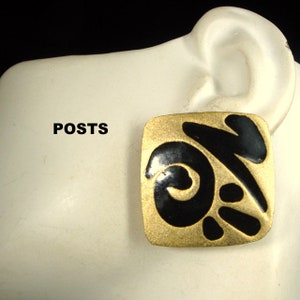 Gold Square Post Earring, Metal with 1980s BLACK Graffitti Like Design, So COOL