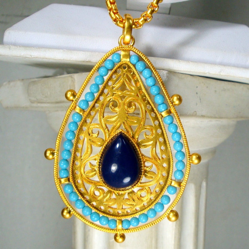 PJM Signed Faux Turquoise /& Lapis Lazuli Mid East Style Amulet SALE Exotic Gold Teardrop Pendant on Gold LONG Chain Necklace
