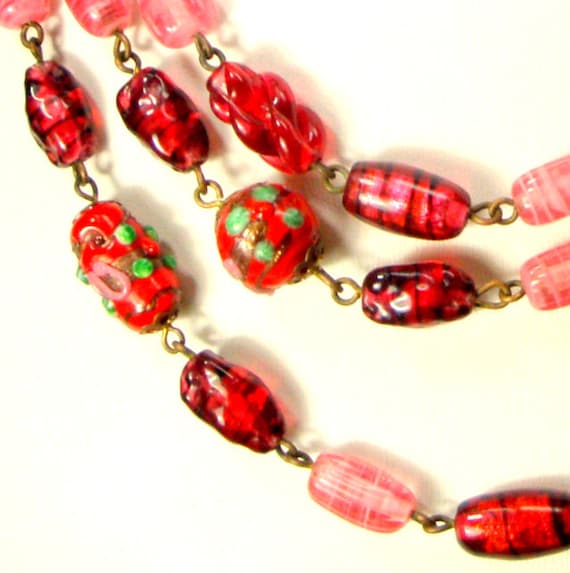 LONG Red & Pink ART Glass Bead Linked 54" Necklac… - image 10