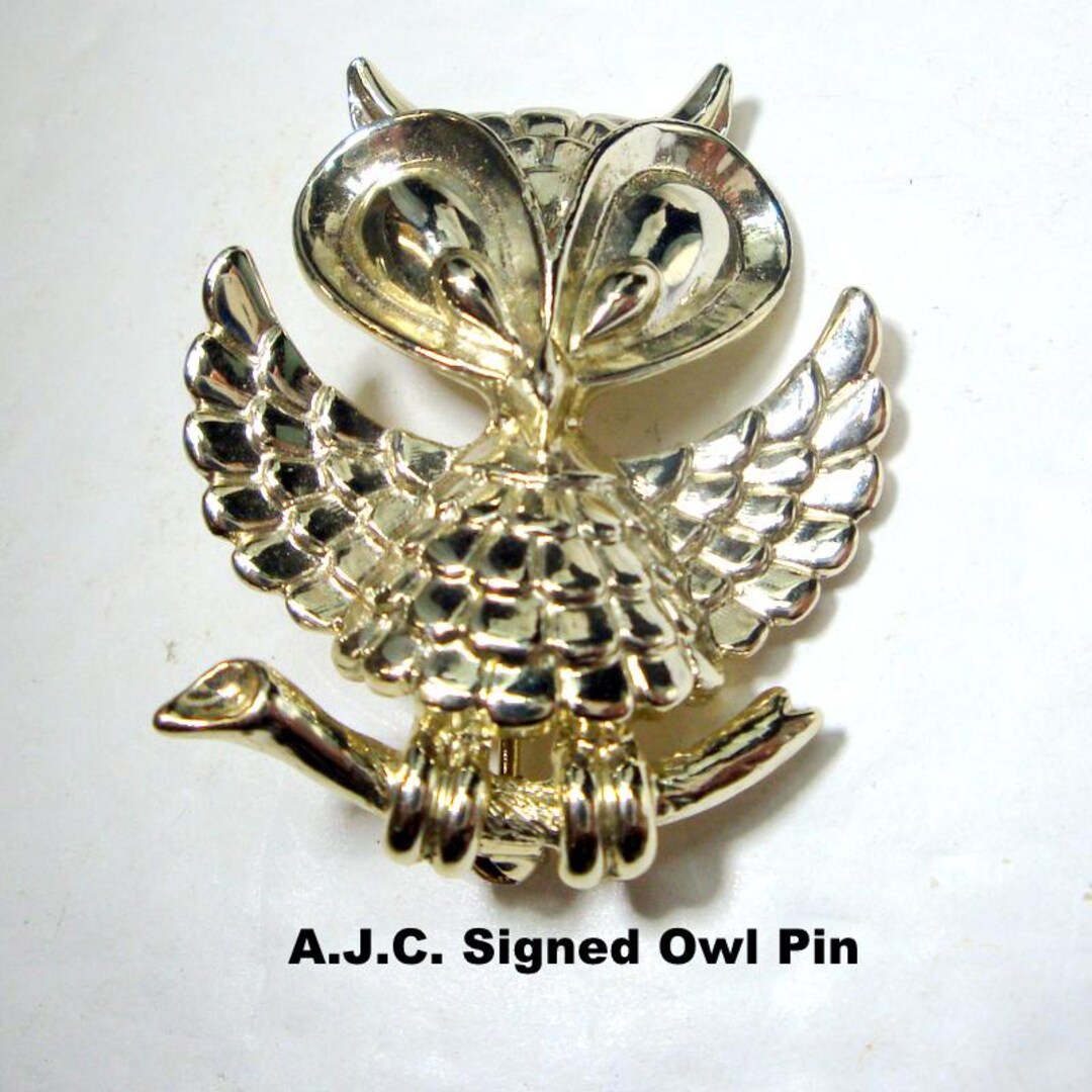 AJC Signed Gold Owl Pin, Mod Bird Brooch, 1970s, Woodland Bird on a ...