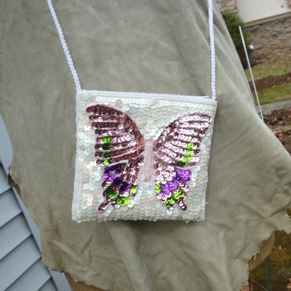 Lavender BUTTERFLY Disco Bag 1980s White Sequins … - image 2