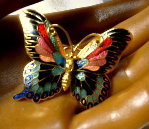 Chinese Cloisonne Butterfly Pin, Pretty Black, Gr… - image 2