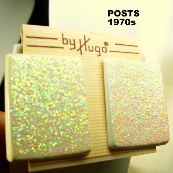 Pale Yellow Glitter Earrings: 1970s MOD Rectangul… - image 3