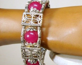Tibetan Silver & Burgundy Dyed Jade Bead Bracelet, Lobster Catch Closure