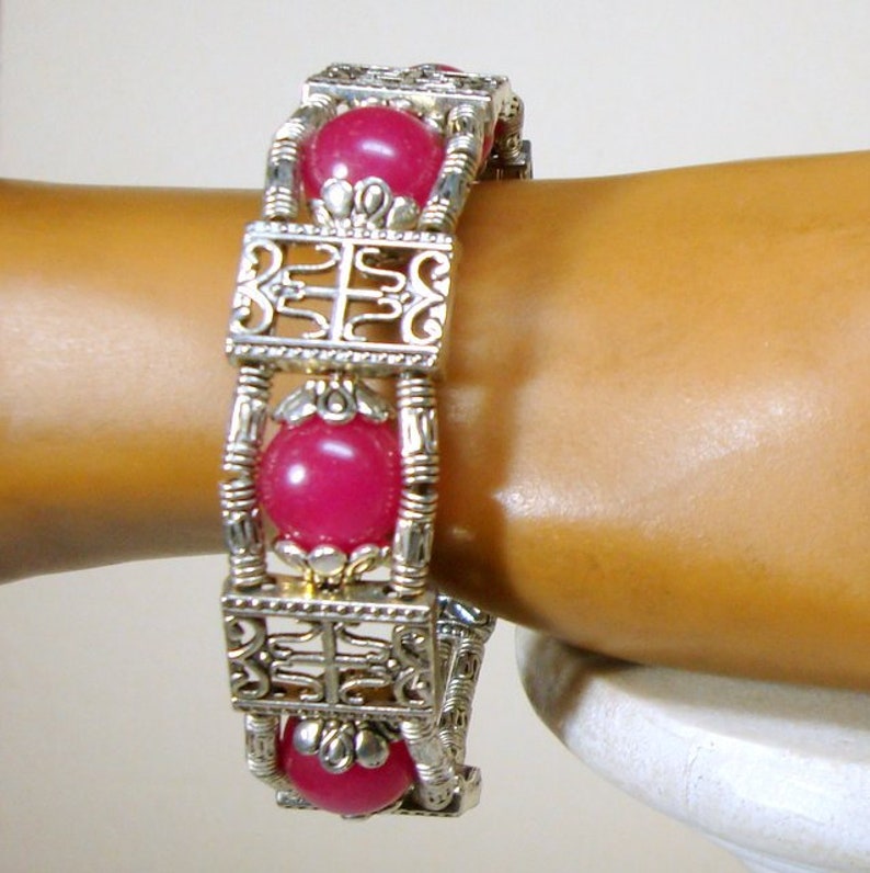Tibetan Silver & RASPberry Dyed Jade Bead Bracelet, Lobster Catch Closure image 2
