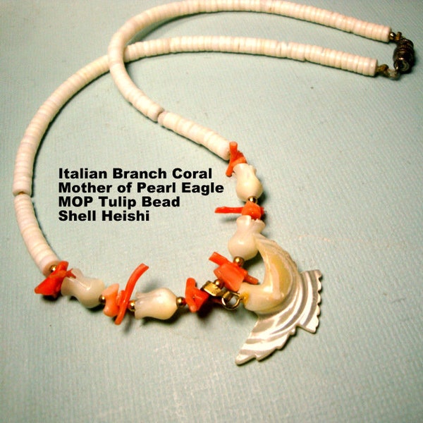 MOP Eagle Native Choker Necklace, 1970s, Red Italian Frangia Branch Coral, Clamshell Heishe, Luminous Mother of Pearl Bird Pendant n Beads