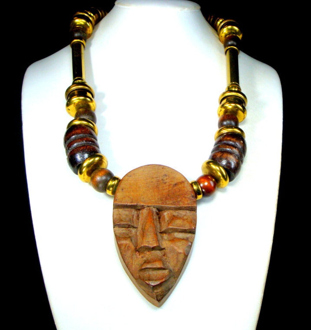 MANS Wood Face Pendant on Brass & Wood Bead Necklace - Etsy