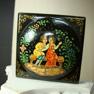 Russian Lacquer Box, 80s Handpainted Fairy Tale, Cyrillic Signed, Palakh Style,  Papier Mache, Red & Black, Girl Friends or Sisters