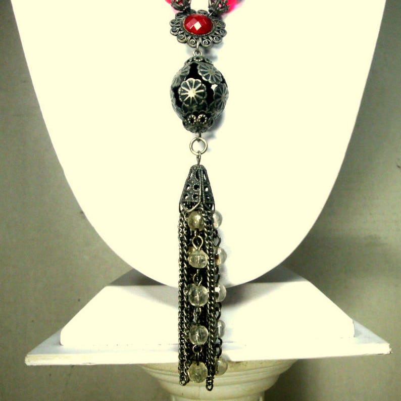 Medieval Tassel Pendant On a Beaded Necklace Many Silver Thrones Game Renaissance Beads Reddish n Clear Glass Beads Ornate /& Handsome