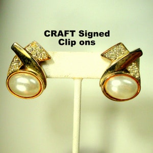 Vintage 1980&#39;s Signed CRAFT Gold Faux Pearl Clip Ons With Rhinestones, Glam Designer Earrings