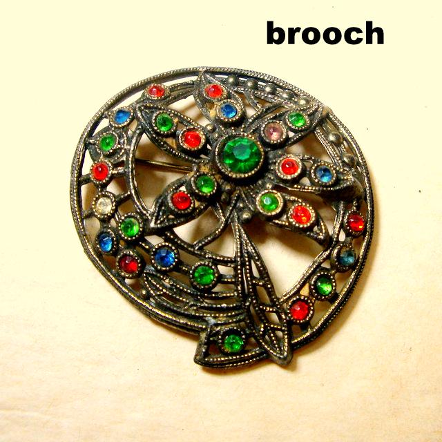 Broche Vintage Argentée Années 1920 - Perle De Verre Jaune Et Strass, 3.5 Cm, Très Bon état