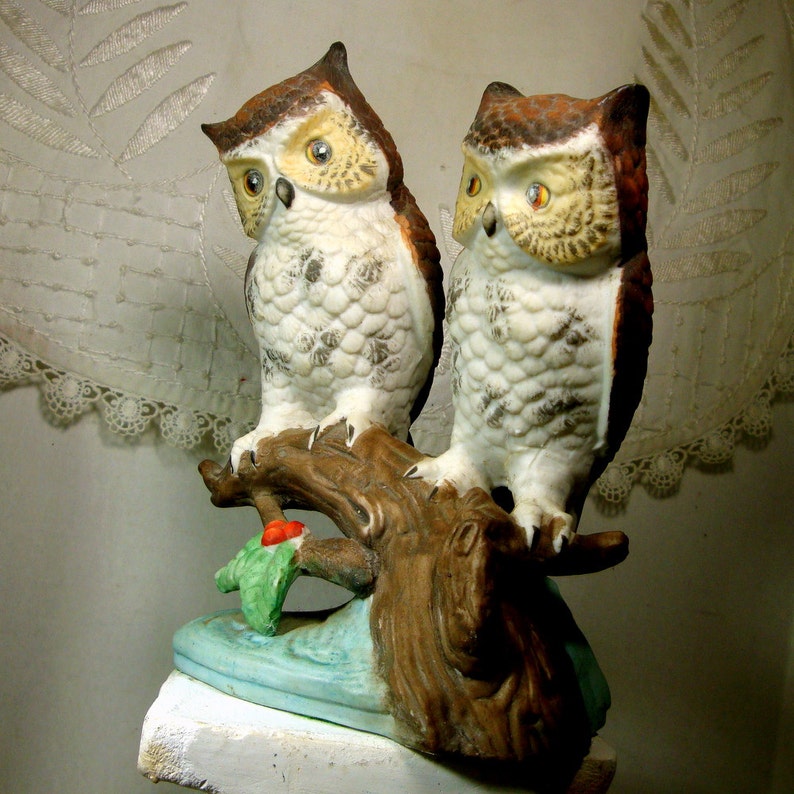 SALE 2 OWLS Painted Porcelain Vintage Figurine 1970s Brown Etsy